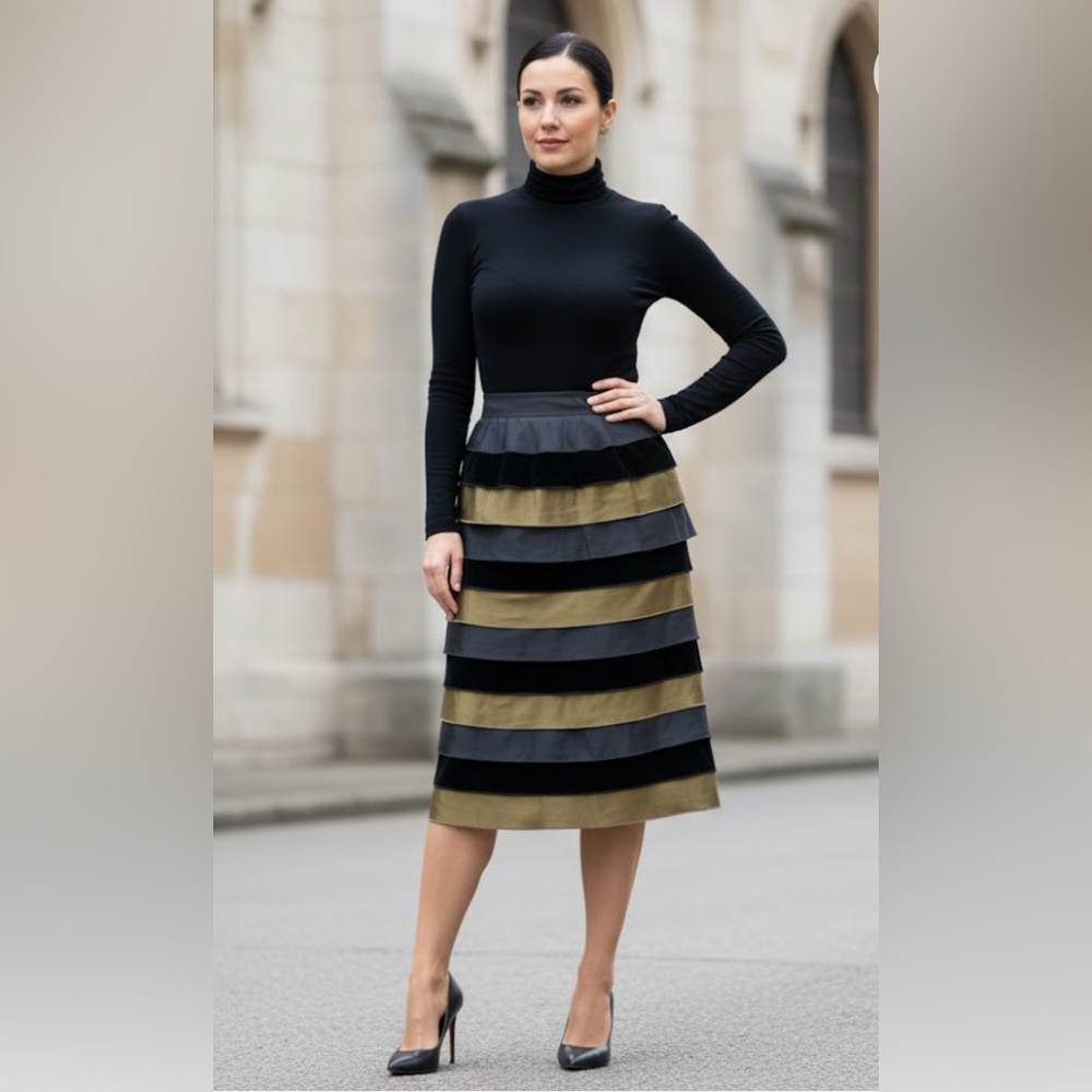 Stunning Silk & Velvet Tiered Skirt. Size 8